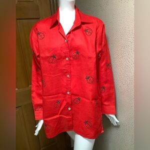 Vintage 90s Casey Coleman Red linen embroidered Ladybug and ladybug T-shirt